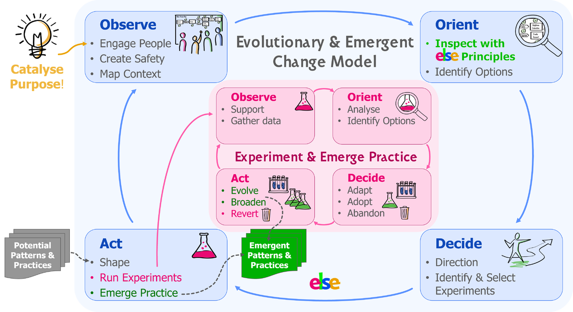 An evolutionary and empowering change process modelled with 2 nested OODA loops.